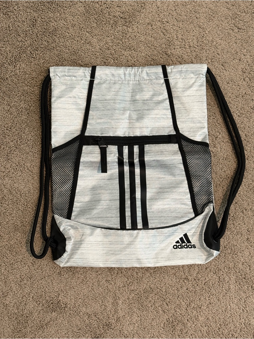 adidas Light Gray Drawstring Sackpack with Mesh Pouches and Zipper Pocket Front